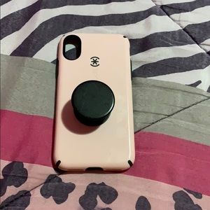 iPhone X pink and black case with black pop socket